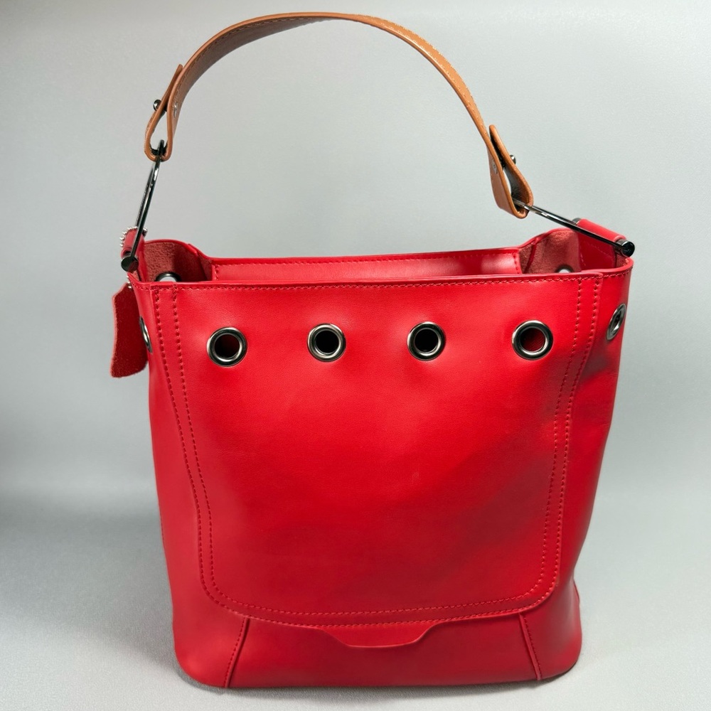 S-ZONE Red All Leather Bucket Tote Bag with Tan Handle and Metal Grommets - Picture 2 of 14